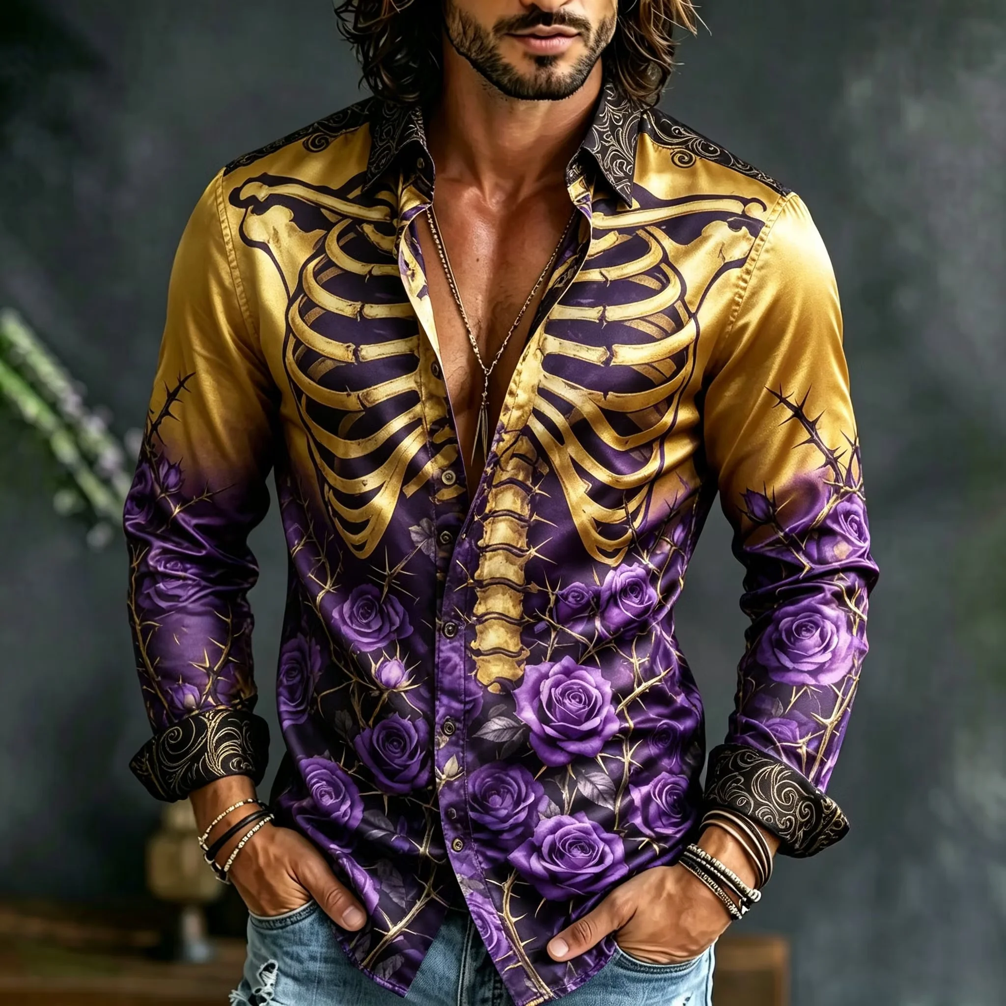 New men's retro patch patchwork long sleeved shirt with contrasting color block plaid print lapel, music festival top