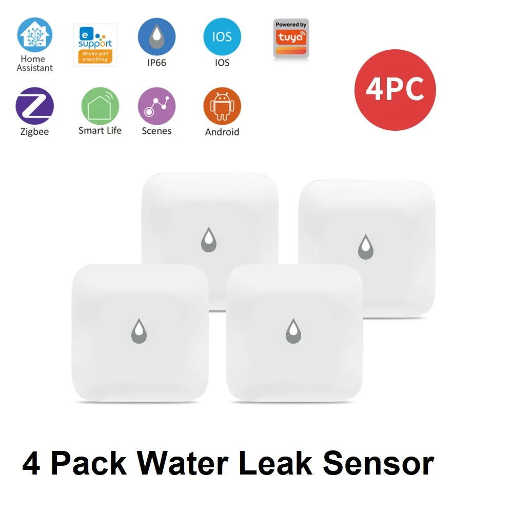 LINCUKOO Tuya ZigBee Smart mini WaterLeak Detector 4Pack Home Assistant/eWeLink tiny Sensor Smart Life Home Security Flood Alert
