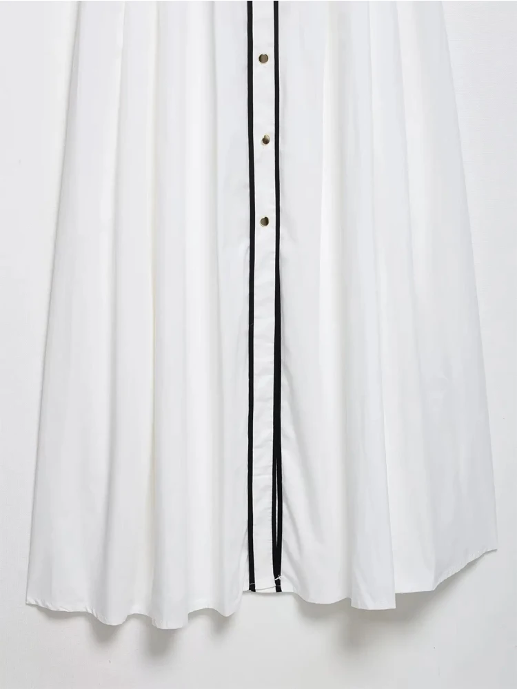 

TRAFZA Women Summer Fashion Contrast Trim Poplin Slim Midi Dress Female Elegant V-neck Single Breasted High Street Casual Dress