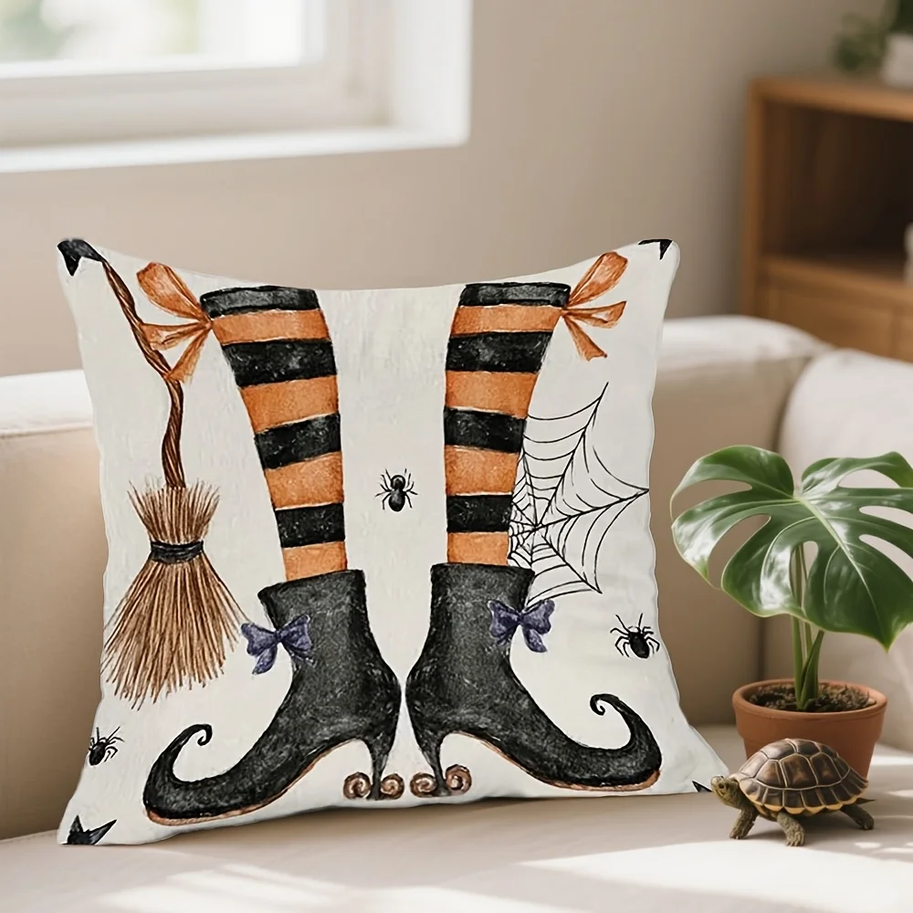 1pc Witch Leg 18X18 Inch Ultra-Soft Short Plush Pillowcase - Double-Sided Watercolor Witch Design, Black And Orange Striped Socks, Halloween-Themed Room Decor, Halloween Decoration 18 X 18 Inches