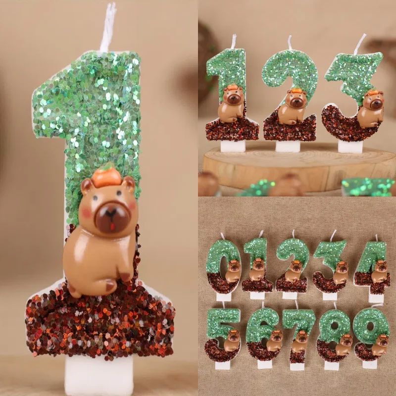 Bougies numériques pour anniversaire de 0 à 9, thème Capybara, dessus de gâteau, décoration de gâteau pour réception-cadeau pour bébé, fourniture de fête d'anniversaire