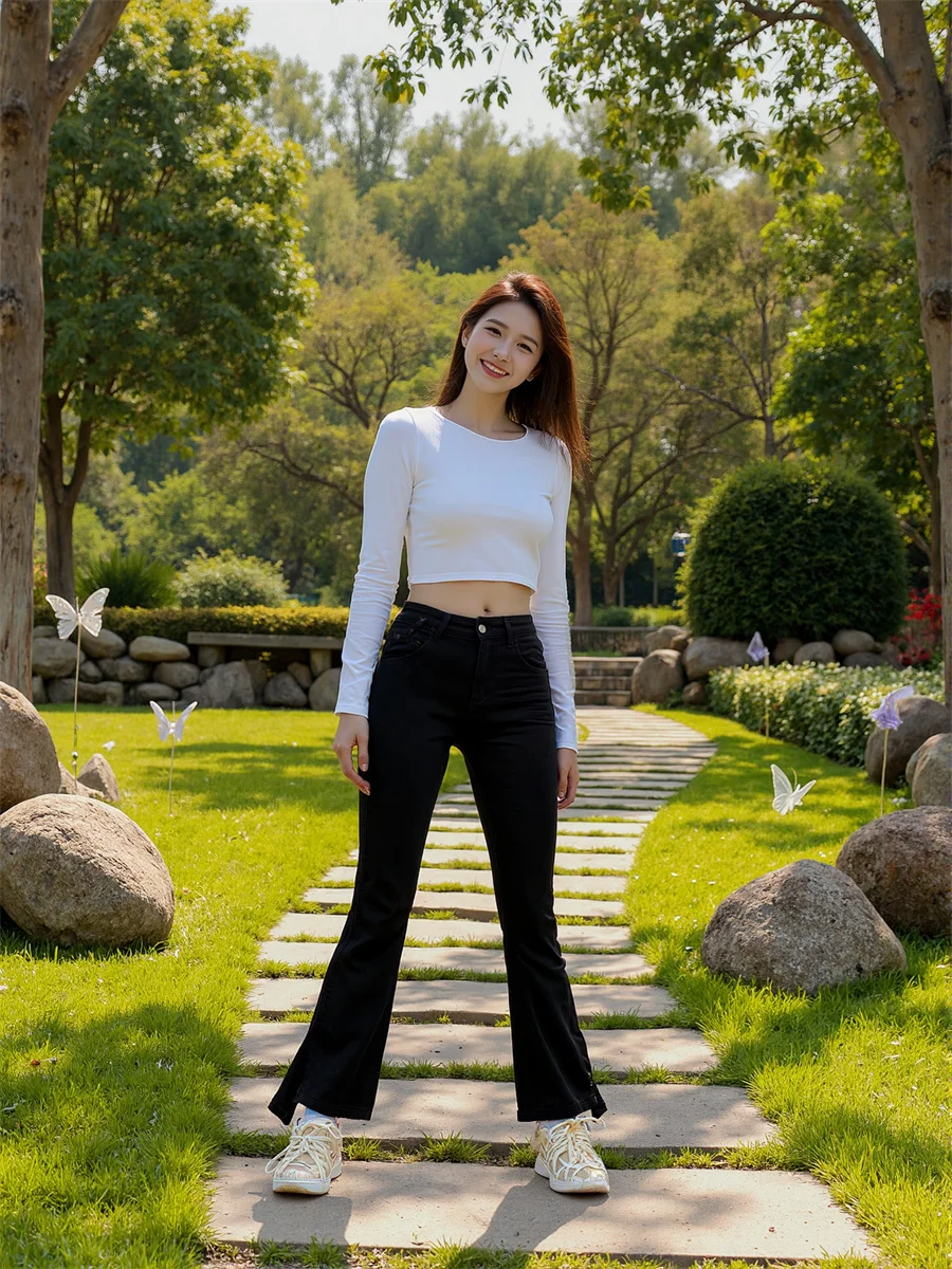 Pantalones vaqueros ajustados con dobladillo acampanado para mujer, pantalón informal, holgado, de cintura alta, a la moda, color negro cielo, ropa de calle cómoda para verano