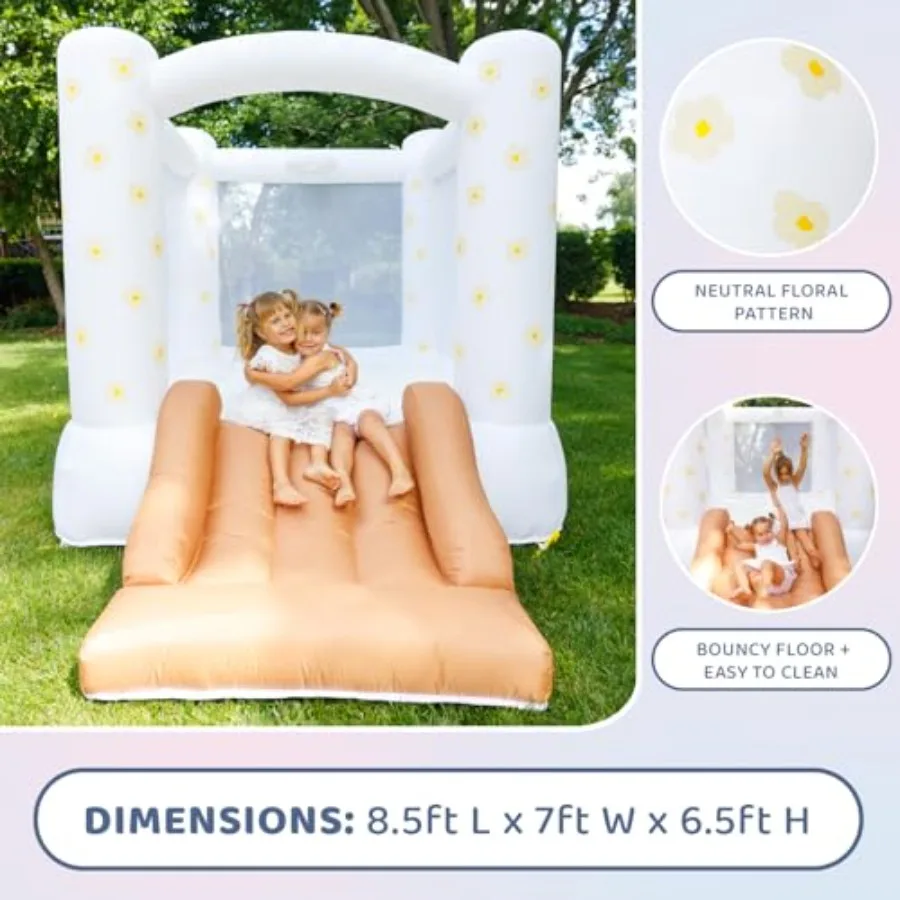 바운스 하우스, 8.5피트 길이 x 7피트 너비 x 6.5피트 높이, 중성적인 꽃무늬 슬라이드가 있는 바운스 하우스, UL 블로워 포함, 어린이를 위한 트렌디한 바운서