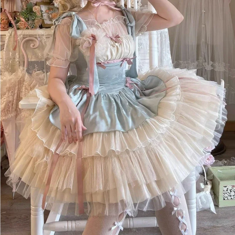 

Kawaii Bowknot Print Ruffles Cake Party Mini Dresses Korean Style Vintage Sweet Fairy Dress Victorian Elegant Lolita Dress Women