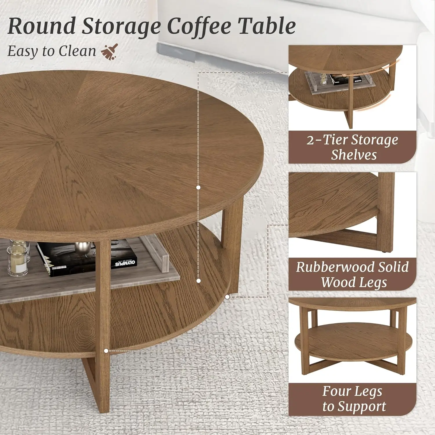 Round Coffee Table, 35" Rustic Modern Circle Coffee Tables with 2-Tier Storage Shelf, Sofa Table, Cocktail Table for Living Room