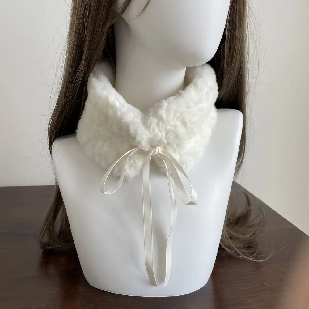 Cute with Plush Balls Neck Warmer Winter Warm Thickening Cross Scarf Lamb Wool Neckerchief Wrap Girls