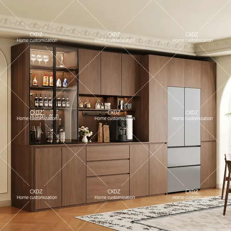 Oak Solid Wood Arc Cabinet with Refrigerator Combination Custom Deep Dining Sideboard 60cm Depth Home Restaurant Storage Unit
