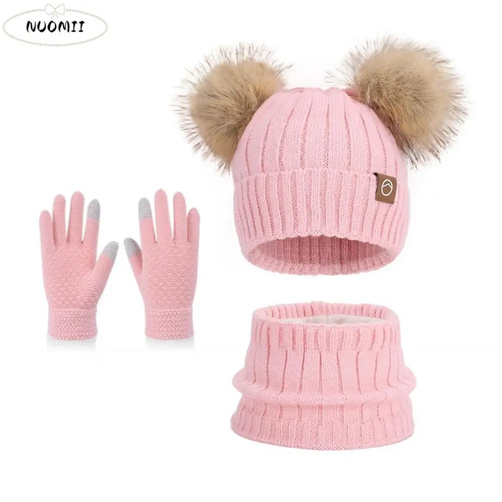 3Pcs/ Set Fleece Lined Hat Scarf Gloves Set Thermal Protection Thickened Material Children's Beanie Cap Knitted Cap Windproof