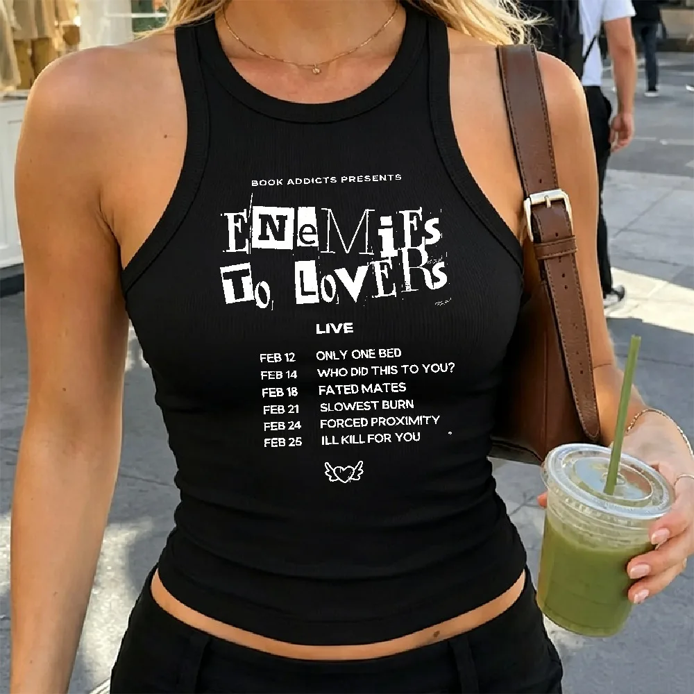 Y2k Top Enemies To Lovers Letter Print Camisole Ribbed Tank Top Crop Women Sleeveless Cropped Grunge Streetwear Summer Vest Tee