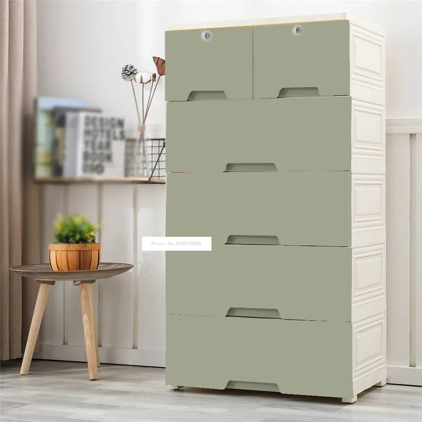 5805 5-Tier PP Drawer Type combined locker Clothes Storage Cabinet Large Children Toy Plastic Organizing Cabinet With Lock Wheel