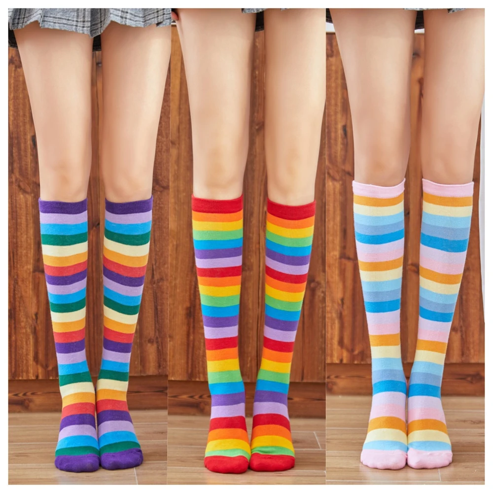 1 pair Cotton Rainbow Striped Mid-tube Socks Women's Knee High Socks Cute Sweet Lolita JK Uniform Cosplay Accessories Girl Gift