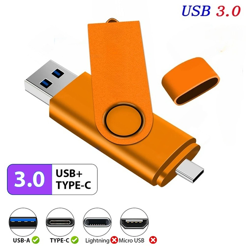 50 PCS USB3.0 Flash Drive 128GB TYPE-C 2 in 1 Memory Stick 64GB Free Logo Pen Drive 32GB Metal USB Stick 16GB 8GB Orange