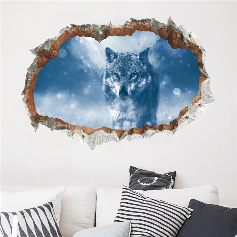 3d Look Snow Wolf Wall Sticker For Office Living Room Bedroom Home Decoration Safari Mural Art Diy Pvc Animal Broken Hole Decal