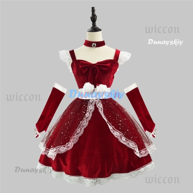 Christmas Santa Claus Costume Dress Sexy Lace Snowflake Halter BackBow Dress Uniform Warm Plush Outfits Costumes Cosplay