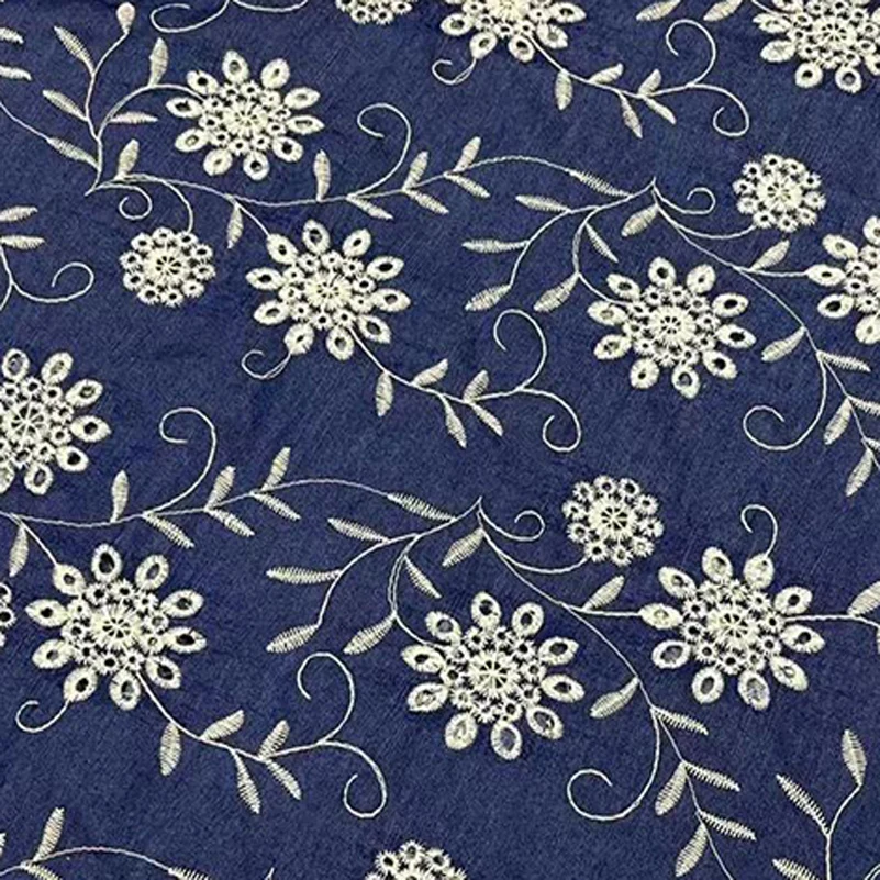 Denim Fabric Blue Thin Cotton Sunflower Embroidered Polyester Cotton No Elasticity per Half Meter