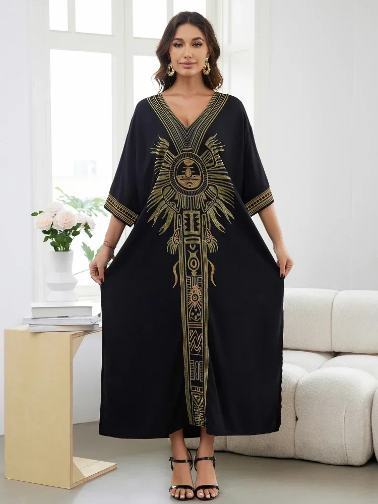 Causal Loose Women Kaftan Dresses Summer Plus Size 2024 Embroidered Robe Caftan Lunge Wear Outfit Holiday Moo Moo Dress Q1669