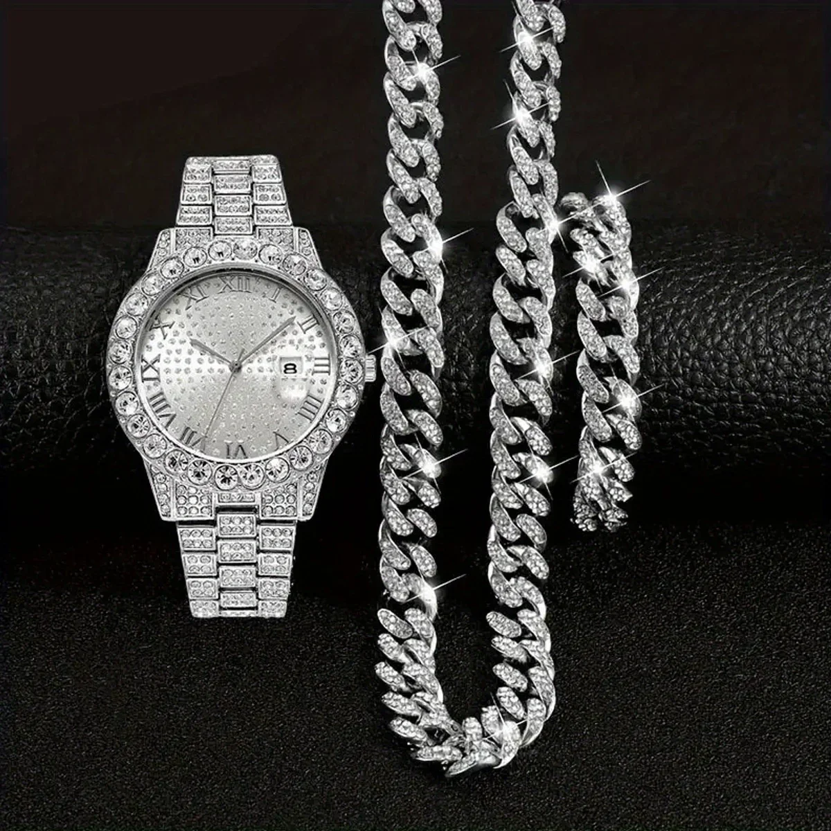 3pcs/set Mens Fashionable Dial Quartz Calendar Watch with Rhinestone Chain - Stylish Zinc Alloy Case and Strap