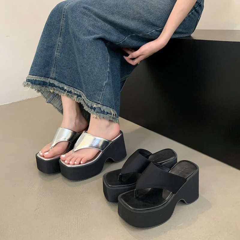 Silver Slippers 10cm Heeled Sandals Women Platform Flip Flops Casual Beach Slippers Black Lycra High Heels Zapatillas De Mujer