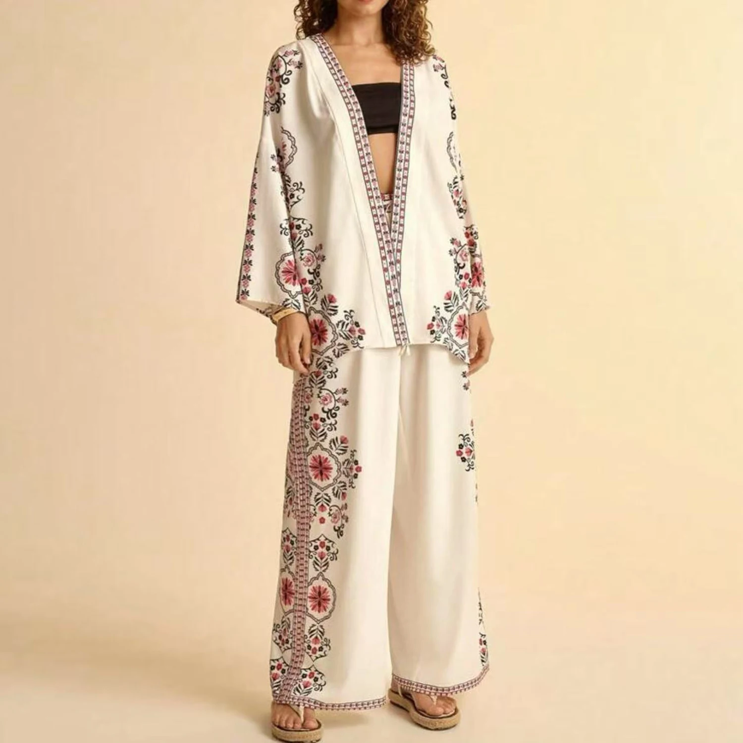 Women Cardigan Floral Print Fashion Casual Holiday Spring Summer Pant Suit