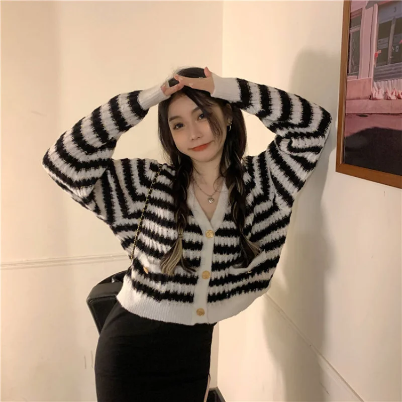 Cardigan Women Korean Style All-match Knitting Sweater Autumn New Arrival Striped Vintage Long Sleeve Daily Harajuku Students