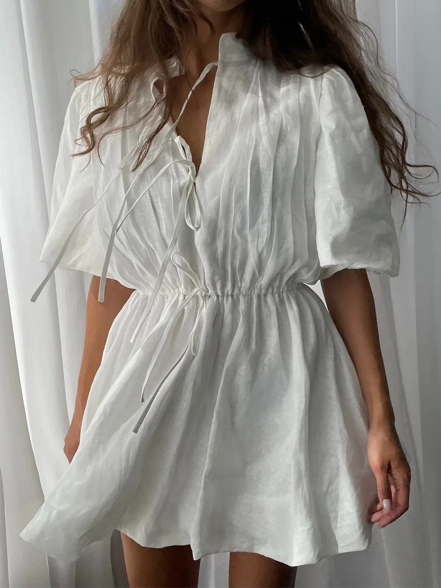 Bornladies 2026 Sommer Neues Kurzes Kleid mit Stehkragen, Süße Schnürung, Plissierter Taille, Einfarbiges A-Linien-Kleid