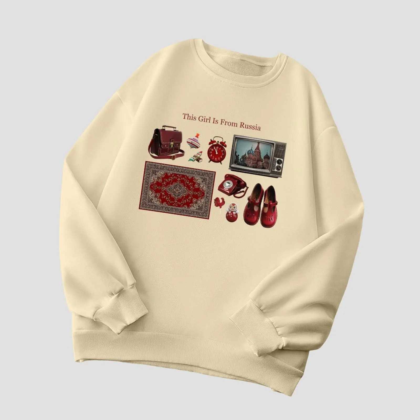 

Round Neck Sweatshirt Winter Casual Vintage Printed Pattern Retro Style Comfortable Long Sleeved Pullovers Autumn Woman Clothes