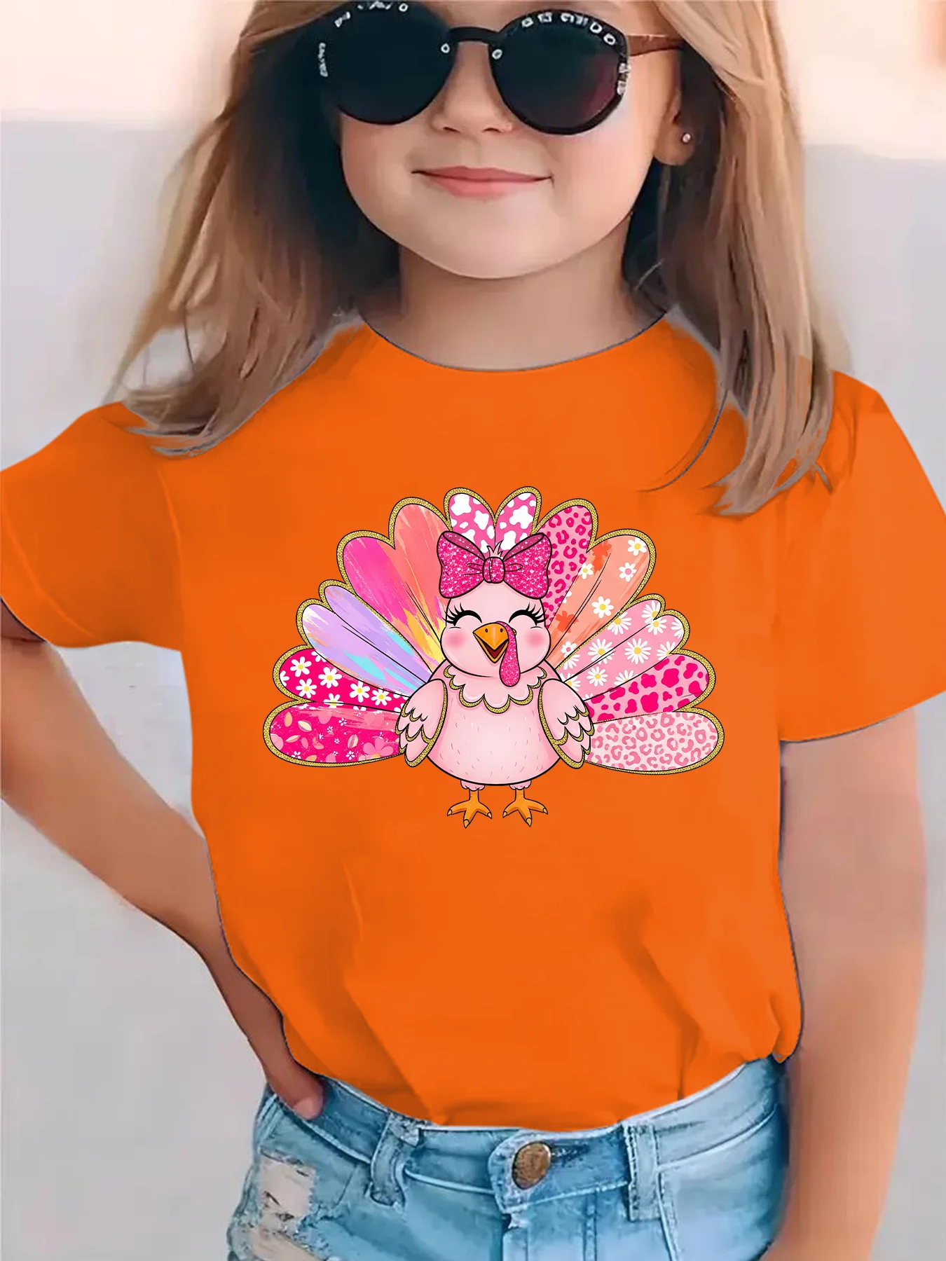 الفتيات قصيرة الأكمام تي شيرت عيد الشكر الوردي تركيا واليقطين طباعة عارضة أعلى الكرتون تركيا الشكر القمصان للفتيات