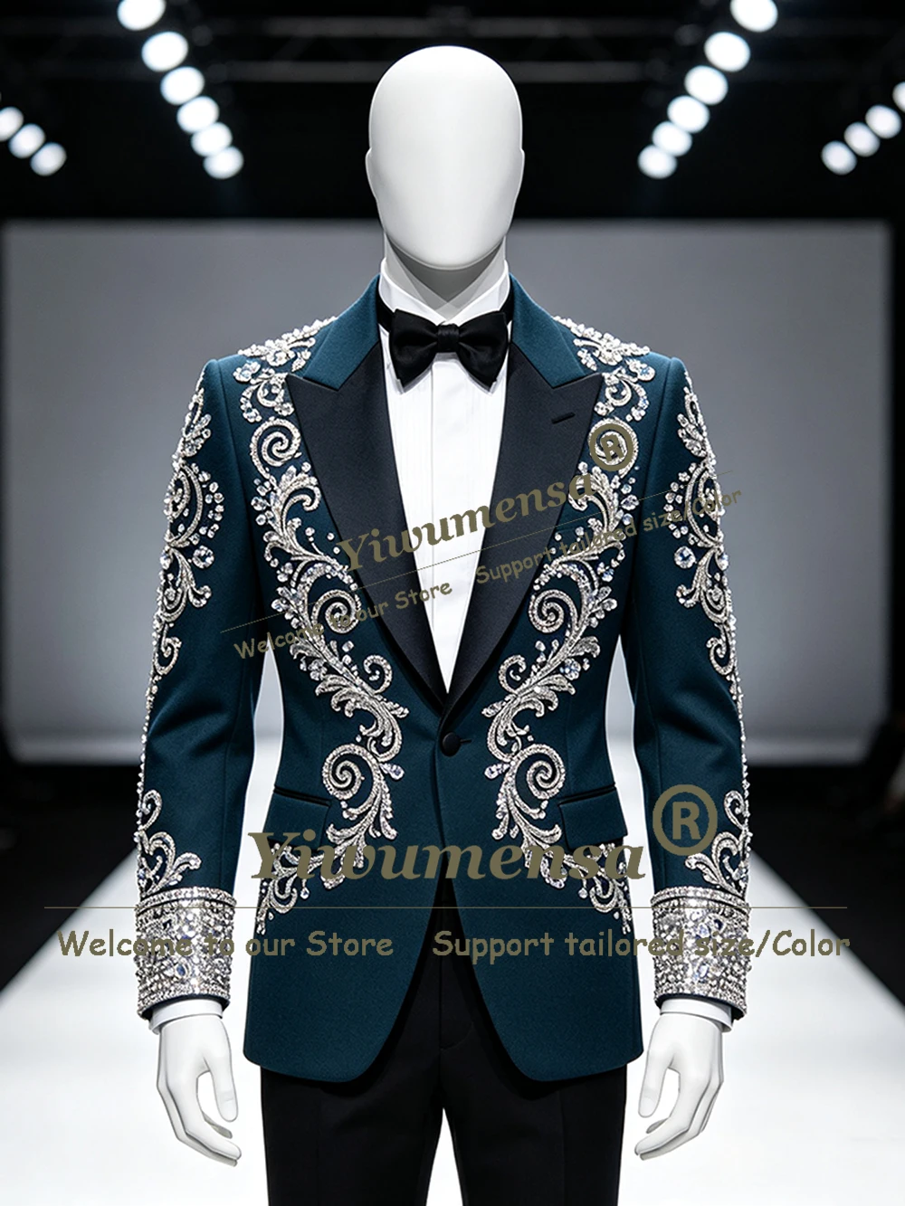 Hand Stitched Beadwork Wedding Suit For Man Black Peak Lapel Jacket Pants 2 Piece Sets Groom Business Party Tuxedo Attire Slim