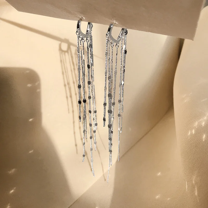 VOQ Silver Color Hand-made Long Chain Tassel Love Heart Hoop Earrings Ear Buckle Women's Party Jewelry