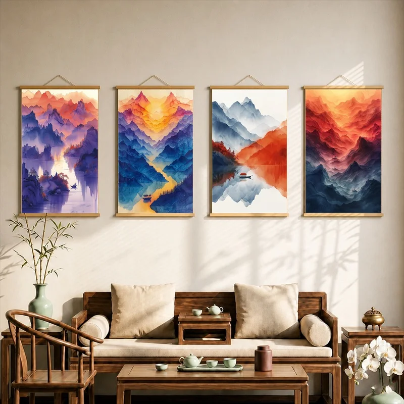 Wall Art Colorful Layered Mountains and River Valleys, Modern Landscape Pearlescent Canvas Hanging Scroll for Furniture Showroom