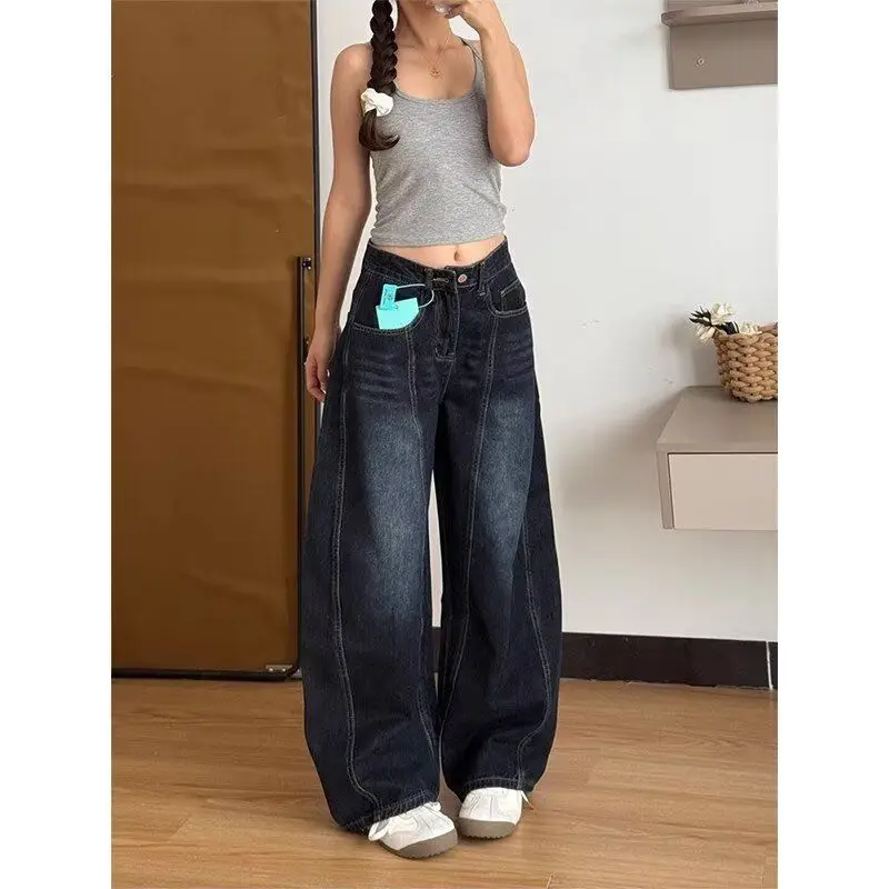 

American Retro Cleanfit Wide Leg Knife Jeans Women Trendy Loose Slimming Street Sle Bootcut Denim High Waist Cotton Po...