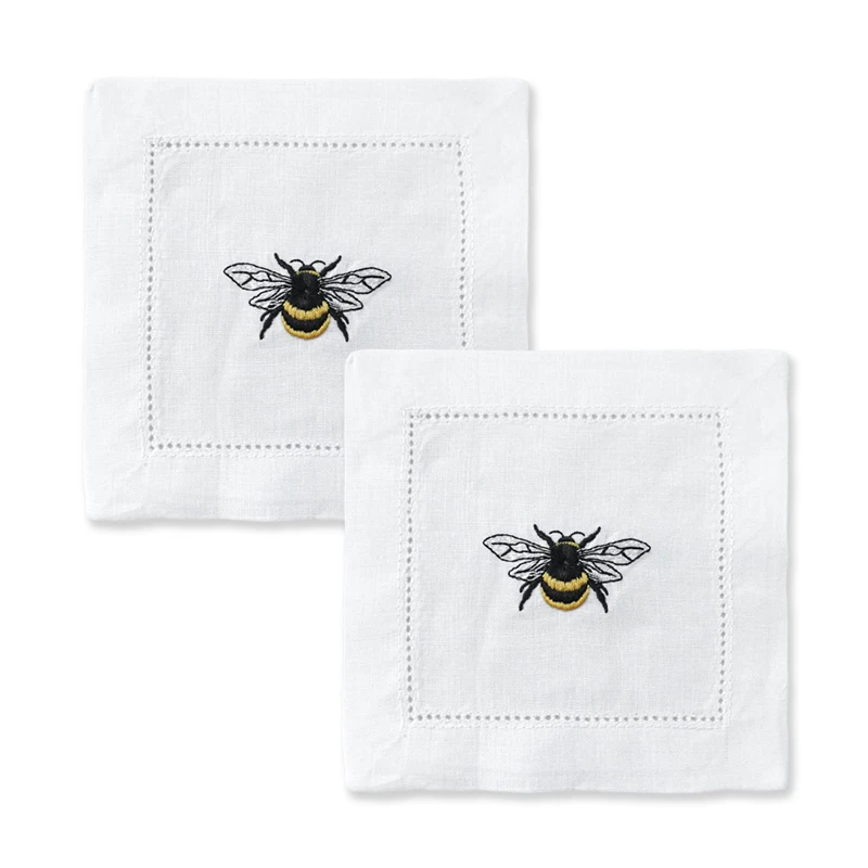 @Embroidered Bee Cocktail Napkin, Pure Linen, Cute And Elegant, Tea Napkin, 15x15cm