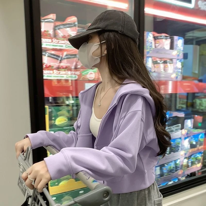 Women Cropped Hoodie Jacket 2026 New Spring Autumn Casual Hooded Sweatshirt Petite Korean Style Fashion Streetwear Outwear Top