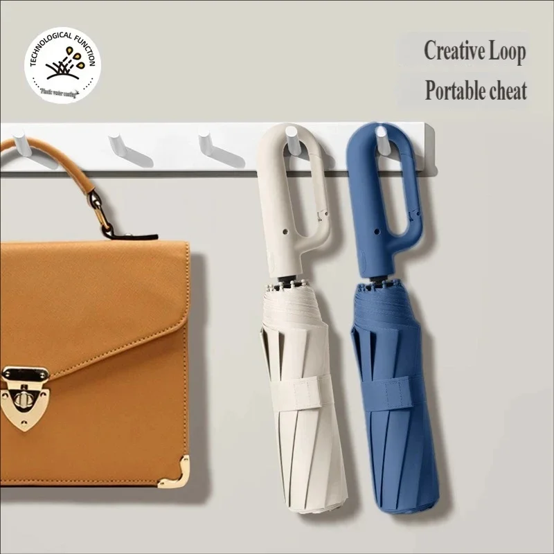 Portable Automatic Business Umbrella, Ring Buckle Handle Black Glue Coating, Wind Resistant Sun Rain Umbrella