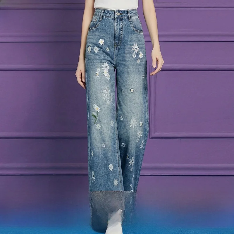 

High Waist Straight Leg Jeans Women's Summer Fashionable Loose Wide Leg Pants Floral Embroidery Cotton Stretch Denim
