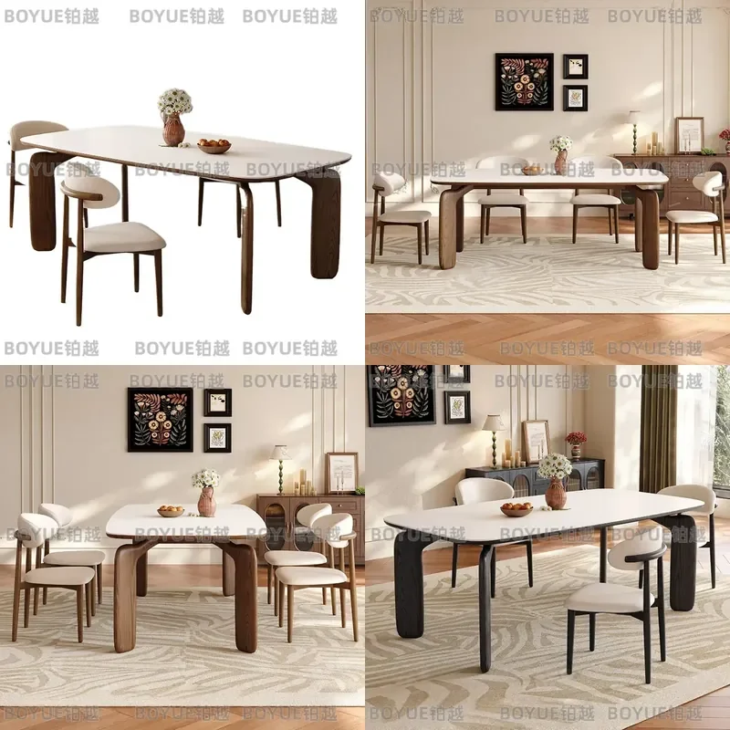 French Medieval Style Elephant Leg Dining Table Small Rectangular Walnut Solid Wood with Rock Slab Top Modern Home Furniture