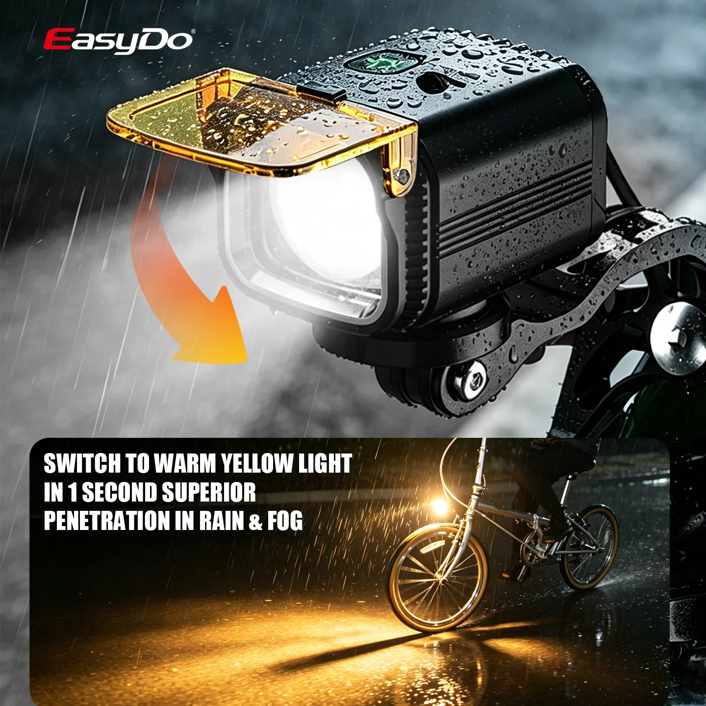 Easydo Bicycle Front light 1500 Lum Folding Bike Light Yellow Lens Rain Fog Bike Lamp with Cut-off Beam for Road City Cycling