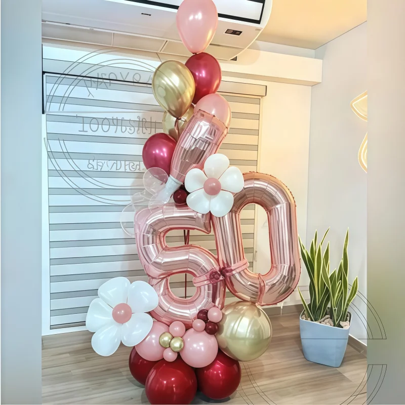 51 قطعة سنة جديدة سعيدة هتاف زجاجة نبيذ الزجاج الألومنيوم فيلم الوردي بالونات أرقام ذهبية وردية 1-9 عيد ميلاد حفل زفاف نعم جديد