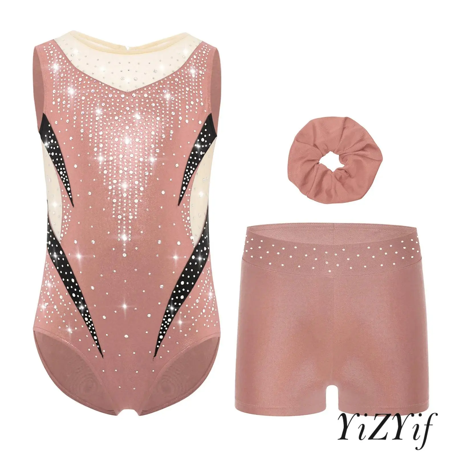 Kids Girls Professional Figure Skating Performance Outfit Color Block Metallic Leotard for Gymnastics Ballet Latin Competition
