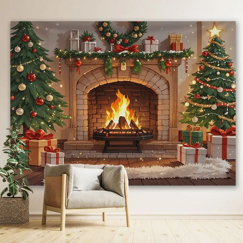 VIKAMA Christmas Fireplace Double Tree Wall Tapestry Mantel Wreath Stocking Gift Box Snow Flame Cozy Holiday Festive Decor Soft