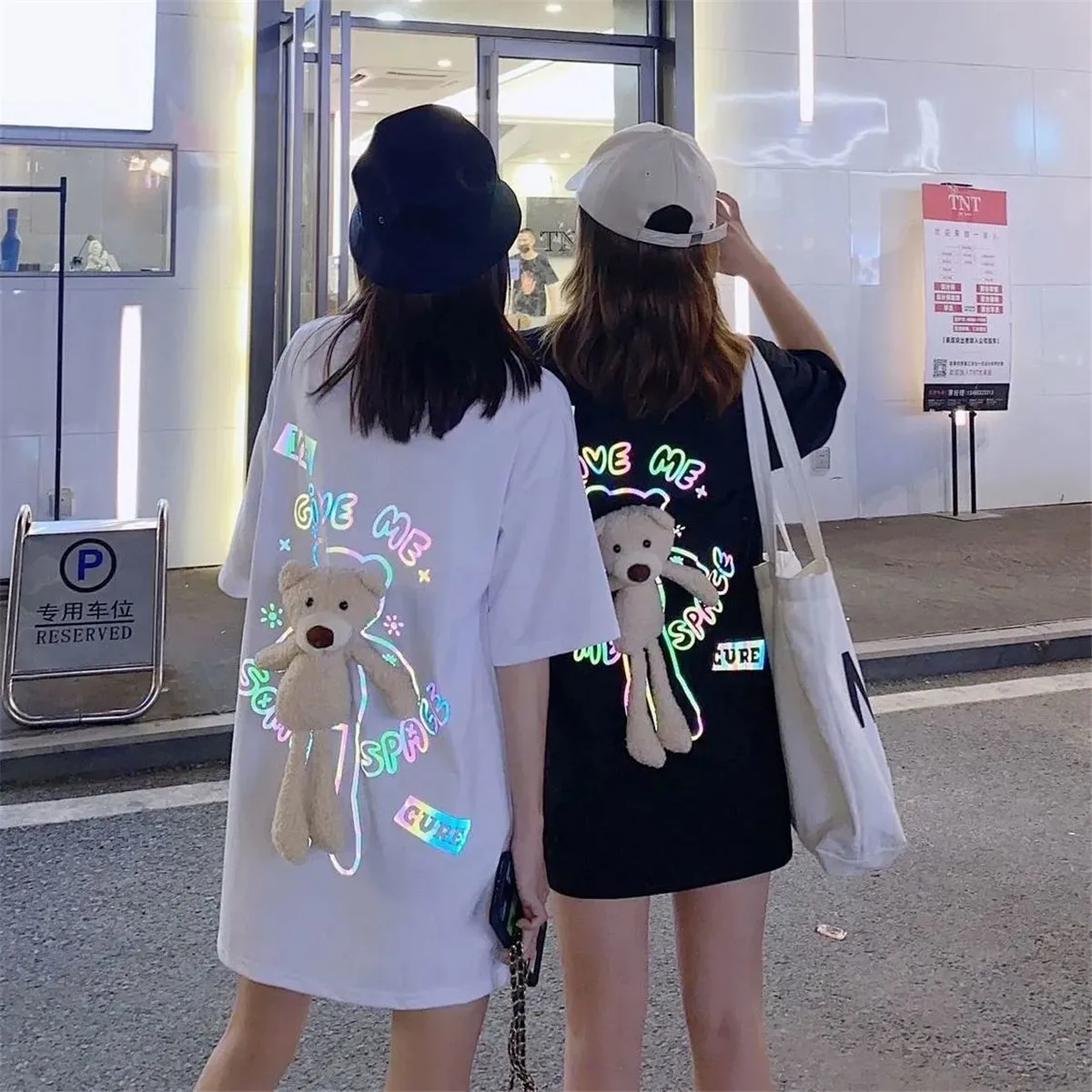 Cotton Bear Reflective T Shirt Streetwear Summer Oversized Clothes Harajuku Short Sleeve Tops Tee Hip Hop Gothic Tshirt Femme