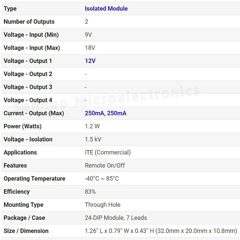 1Pcs WRB1212ZP-3WR2 ISOLATED MODULE DC DC CONVERTER Isolated Module DC DC Converter 2 Output 12V 250mA, 250mA 9V - 18V Input