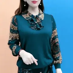 Lässig Vintage bedrucktes Hemd pendeln Peter Pan Kragen Knopf Frühling Herbst Damen bekleidung Mode Rüschen gespleißt lose Bluse