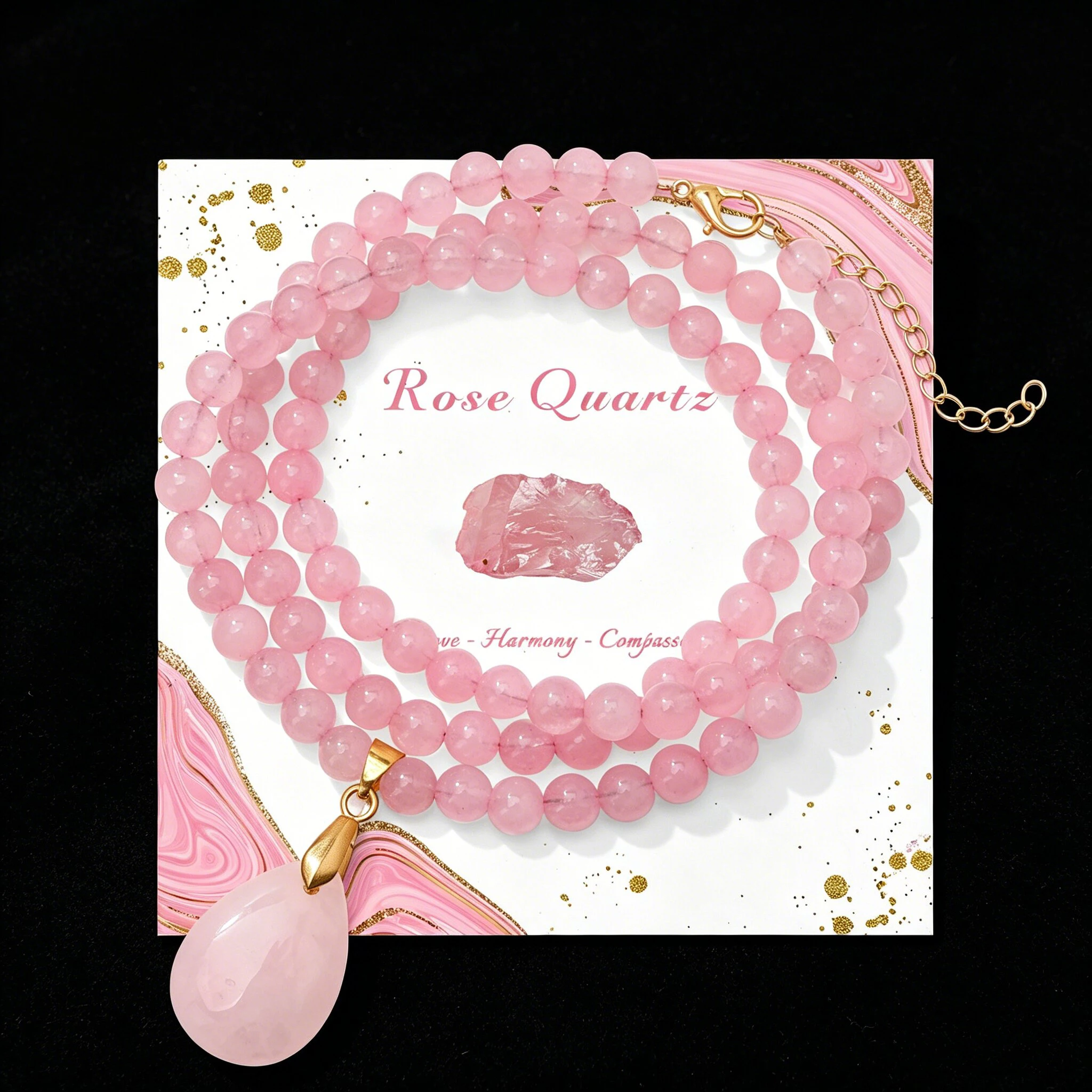Fashion Boho Rose Quartz Necklace 6mm Round Beads Waterdrop Pendant Necklace for Women Collar Healing Crystal Jewelry