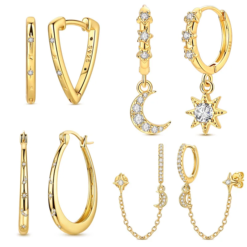Ohrringe aus 925er-Sterlingsilber vergoldet, Stern, Sonne, Mond, Tropfenohrringe für Frauen, Hochzeit, Party, Dreieck, Creolen, Schmuck, Geschenk