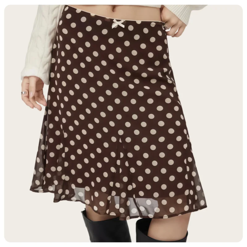 Französischer Retro-Stil Damen A-Linien-Chiffonrock in Knielänge mit Schleife, Schokoladenbraun und Beige mit Polka Dots – Detail 5