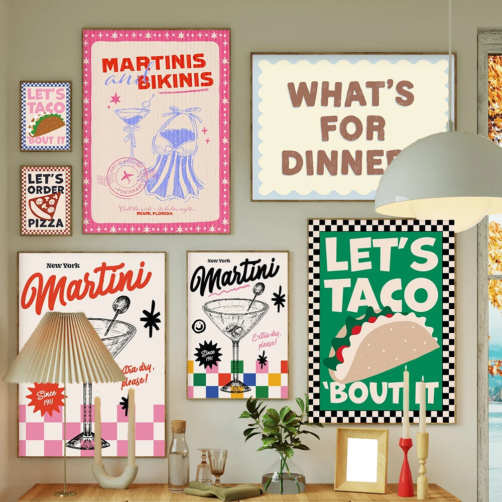 1PC Frameless  French Food Taco Pizza Martini Cartoon Poster Canvas Painting Vintage Funny Dining Wall Art Pictures Kitchen Bar
