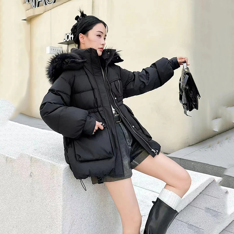 الشتاء الدافئة مقنعين الطبيعية كبيرة الفراء طوق أسفل سترة المرأة الأبيض بطة أسفل باركر أبلى الإناث الرباط سستة الستر