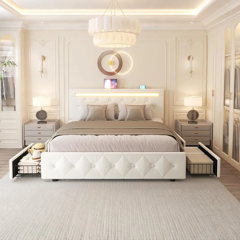 Bed Frame Full Size with LED Light and Storage Drawers Adjustable Headboard with PU Leather Upholstered 2 Sockets and 2