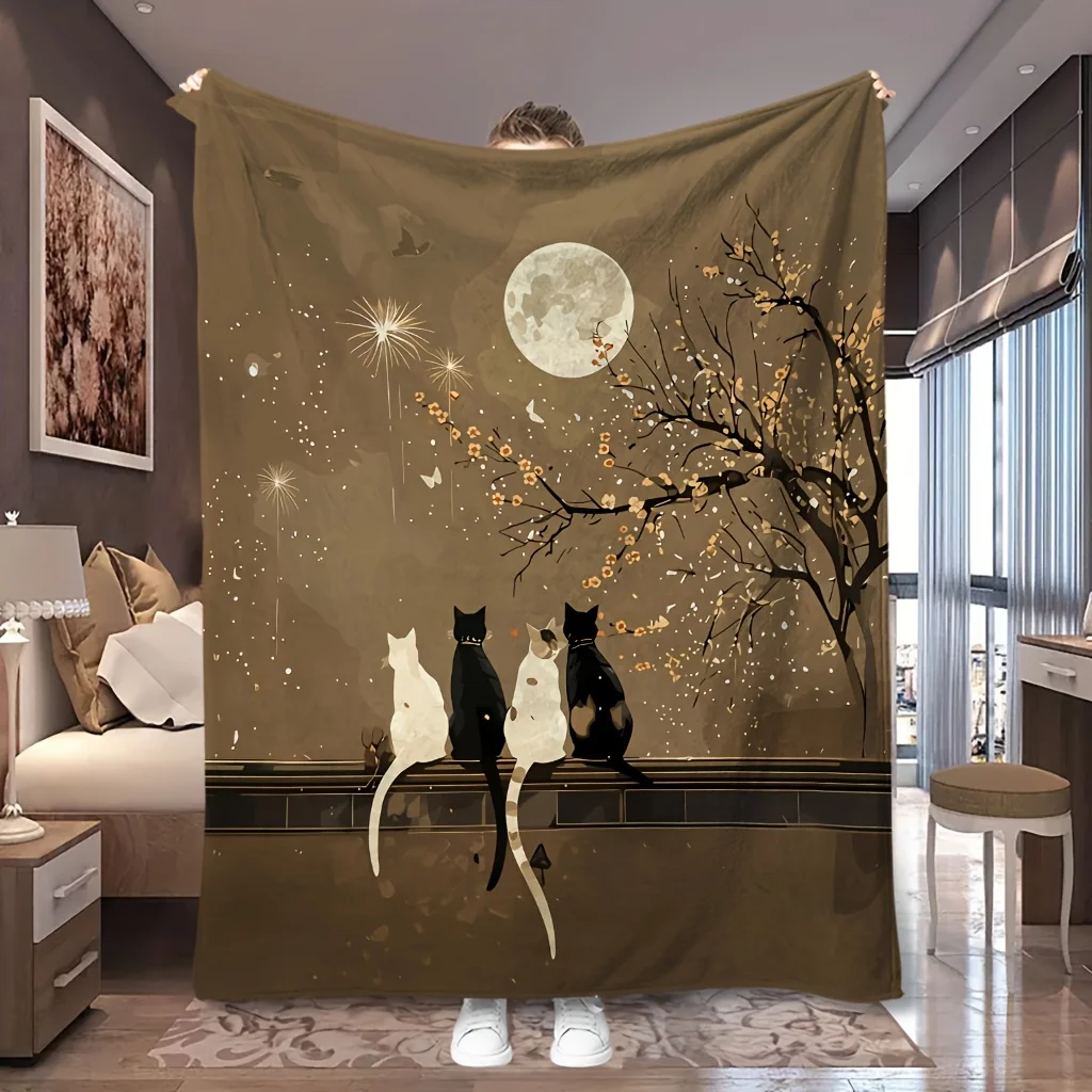 1pc Vintage Country Village Blue Grey Sketch Print Flannel Blanket, All-season Usable and Comfortable, Suitable for Blankets, Ki